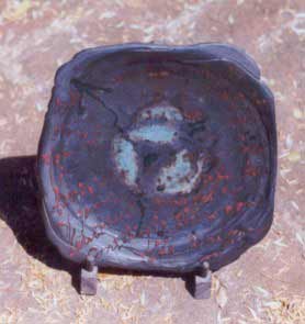 Stoneware platter, 14 "dia, Sandy Brown workshop, woodfired