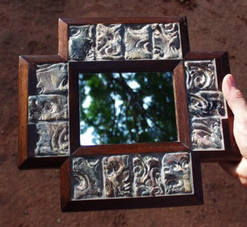Tiled mirror framed in teak-wood, 12" X 12"