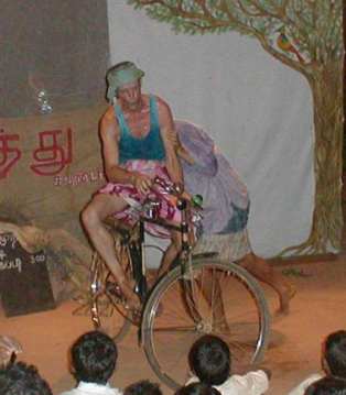 Bapoune preparing to go shop in Pondicherry on Muthu's new bicycle..