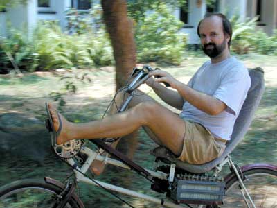 Carsten on the 'relaxed' model of the solar bike. Normal models are also available.