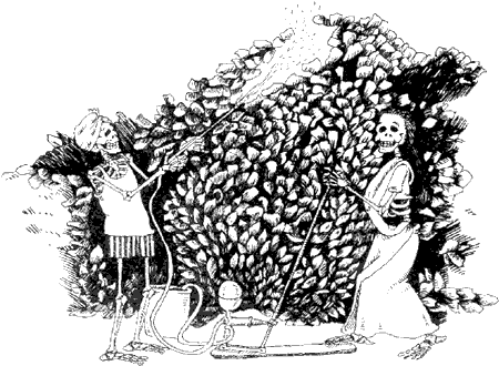 This cartoon by ex-Aurovilian Laura Lombardi illustrated the article 'The true costs of cashews' in AV Today issue # 54 of July 1993. The situation has not changed since: villagers still spray pesticides using their bare hands, not wearing protective clothing and not covering their noses and mouths.