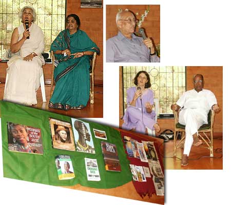 Clockwise from upper left: Aurovilians Aster and Meenakshi representing India; Dayanand, new Singapore liaison; Jasmin and Tekeste bring the African continent.