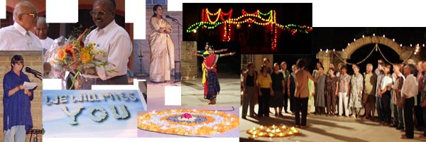 from l. to r. on top: Mr Kireet Joshi handing flowers to Mr Bala Baskar (Sept 29); October 20th: Mrs Girija Bala Baskar saying goodbye; two AV schoolgirls dancing with some of the VC illumination at the background; AV Choir singing an Irish Blessing song. Bottom from l. to r.: Judith delivering her Vote of Thanks; the We Will Miss You card signed by all; flowers and lights..