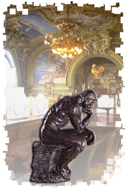 Rodin's 'The Thinker' - background "Le train bleu", renown restaurant in Paris.