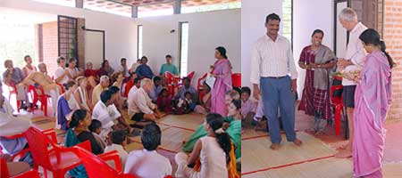 Left: project holder Meenakshi outlines the project's aims during the inauguration; right: Meenakshi and Frederick hand over the keys to two of the first inhabitants